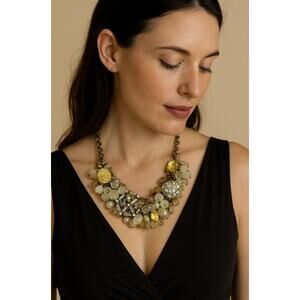 Gold Ivory Beaded Statement Necklace Adjustable Cluster Choker 9.5”